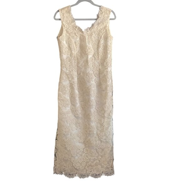 VTG Bridal Dress Wiggle Brocade Lace Cream Ivory Rehearsal Prom Sophia Loren XS - Picture 1 of 16